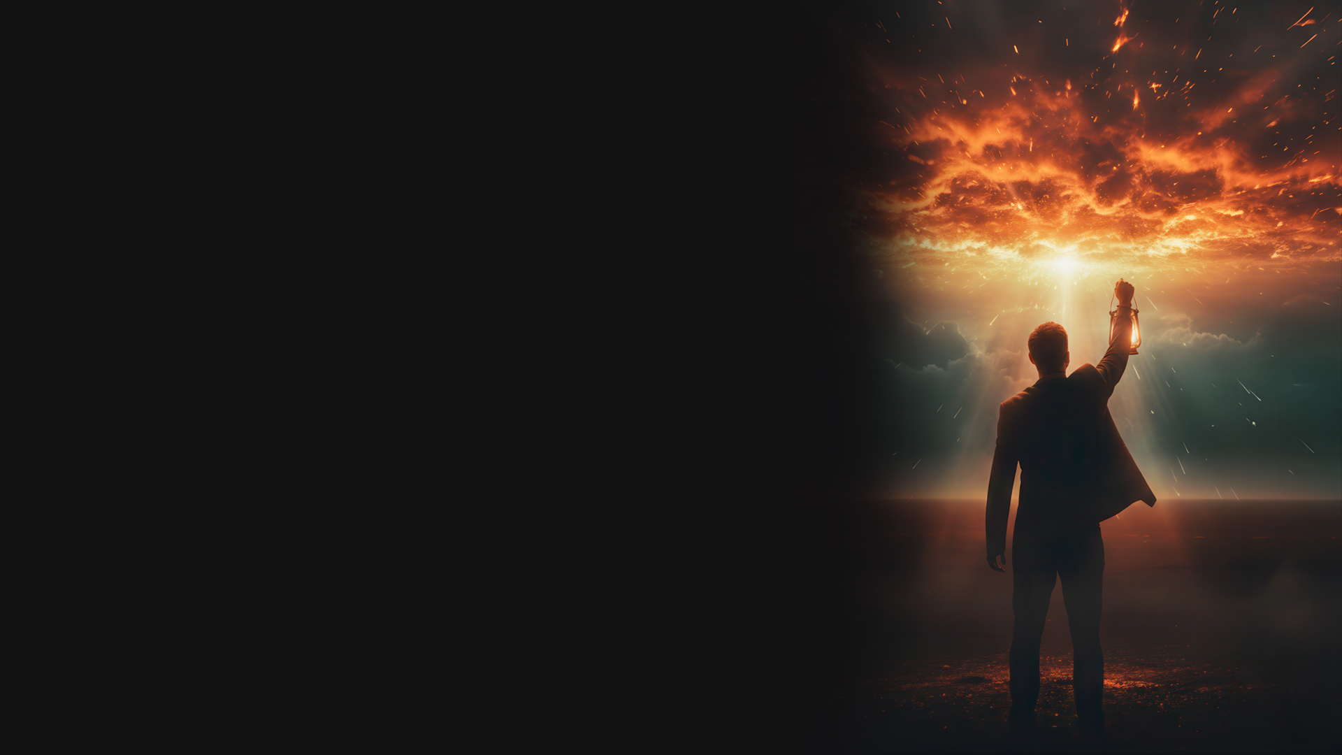 Person holding a lantern beneath a fiery sky